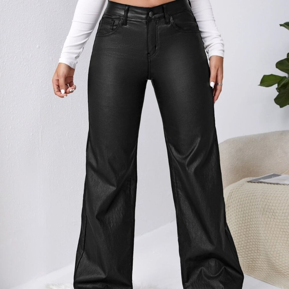 Sofia Suescun faux leather slant pocket wide leg pants
